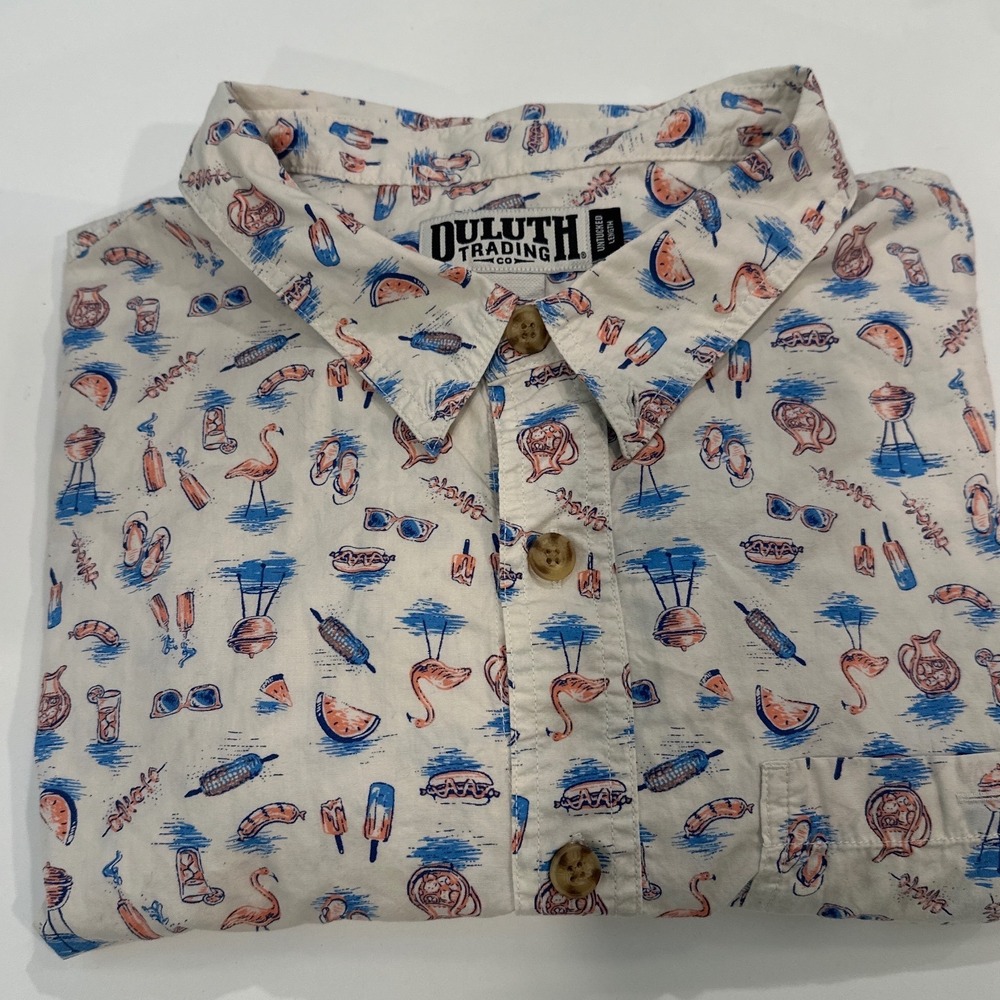 Duluth Trading Co Mens 3XL BBQ Flamingo Print Untucked Shirt Cotton 3237-129